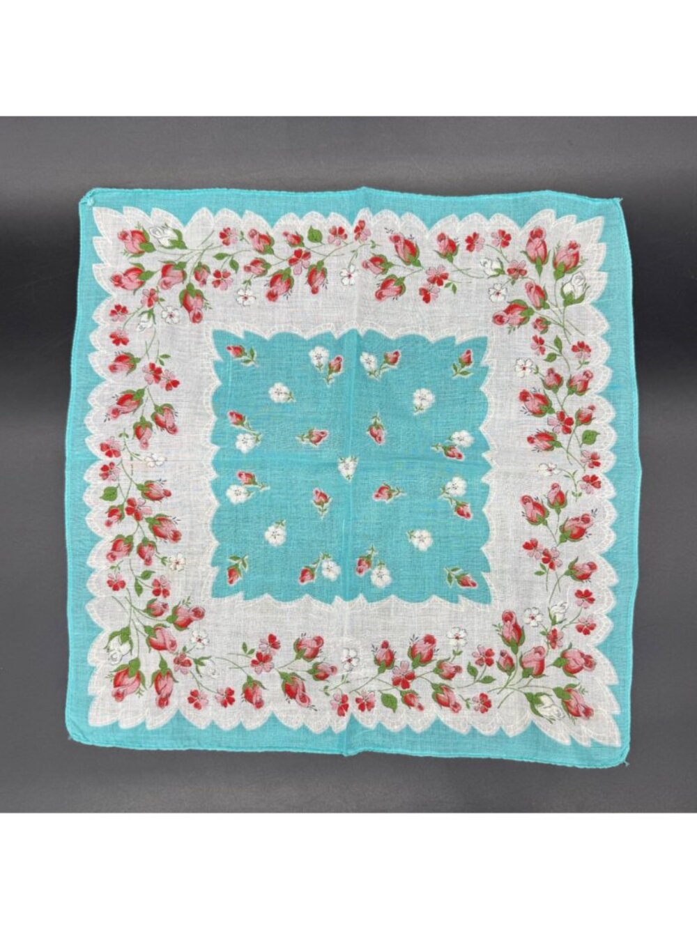 Vintage Floral Handkerchief Teal Red Pink Rose Flowers Cotton Hankie Mid Century - Picture 2 of 7